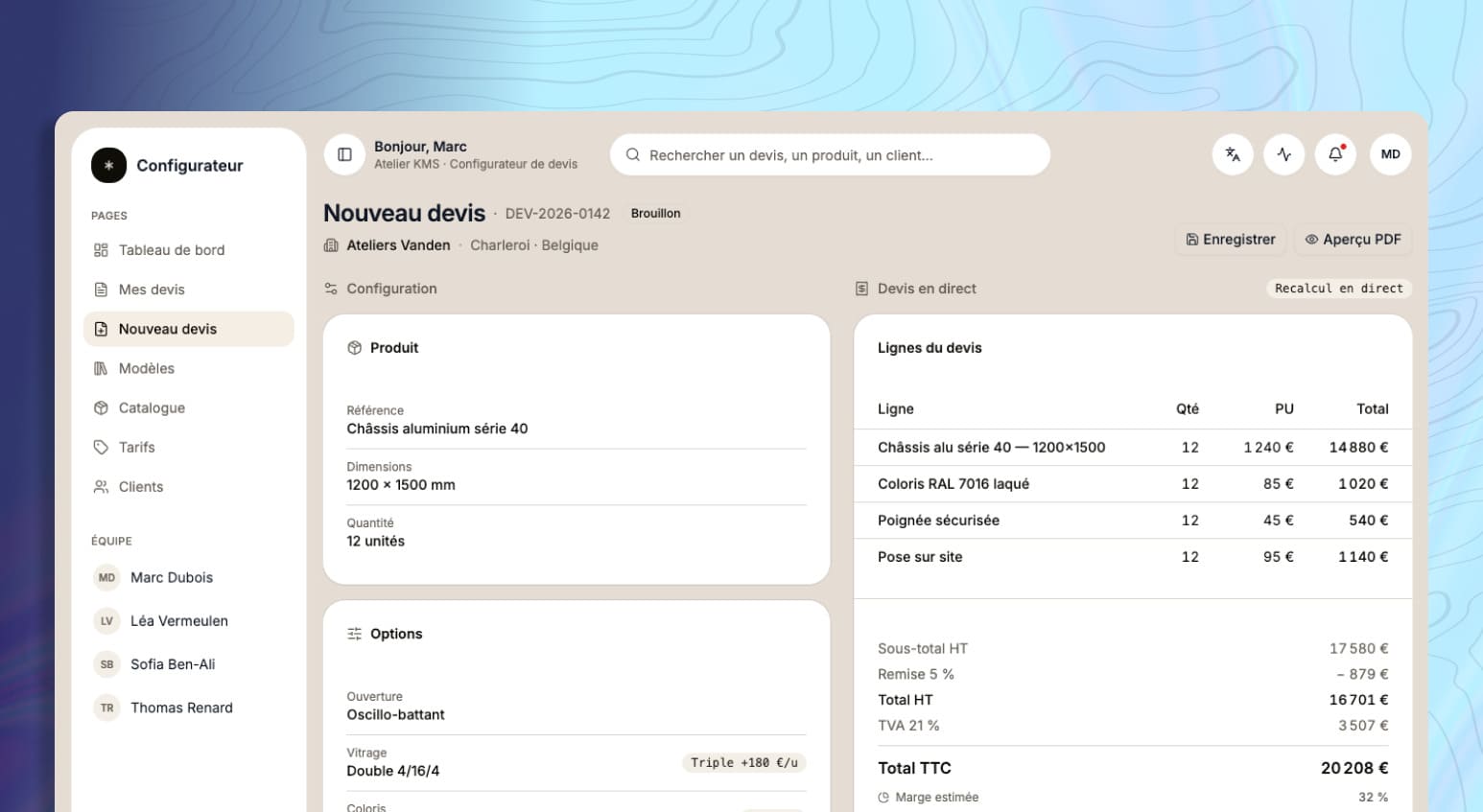 Aperçu d'un configurateur de devis et de catalogue produit